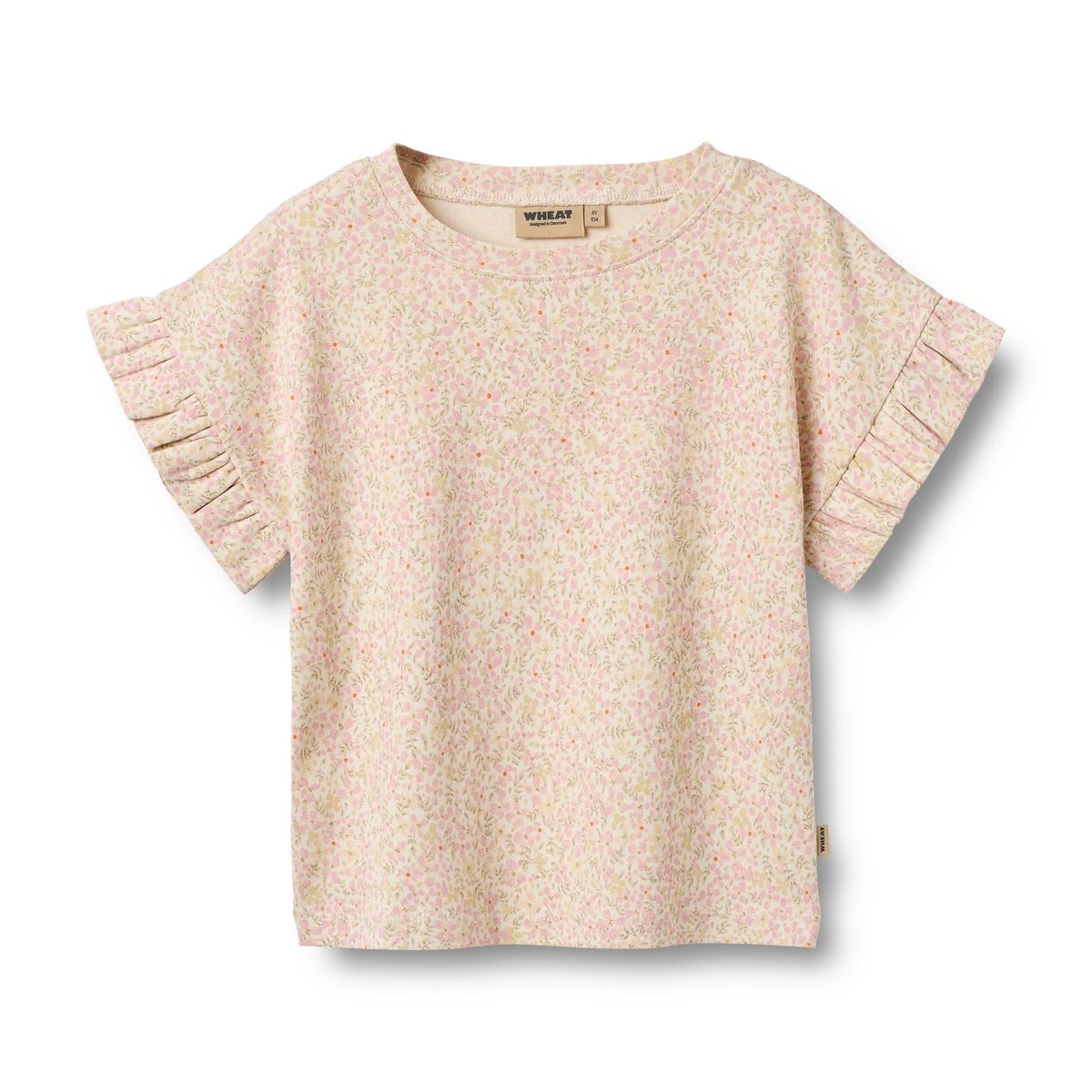 Beige Pink Floral Knit Tee Ruffle Sleeve