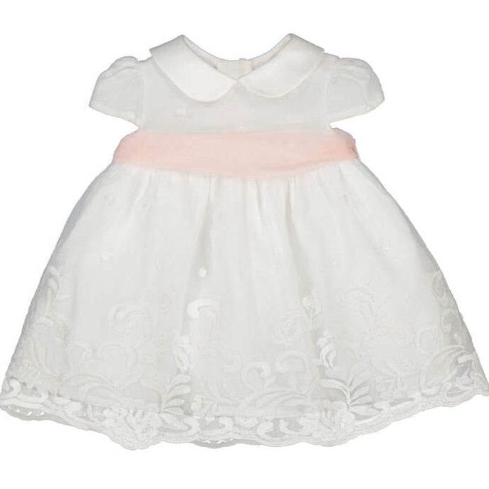 White Embroidered Organza Pink Sash Dress