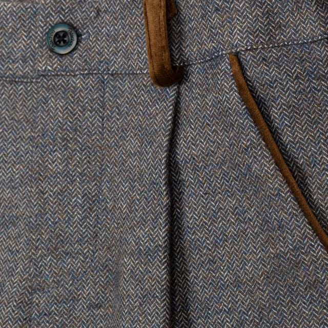 Grey Blue Herringbone Short Brown Trim