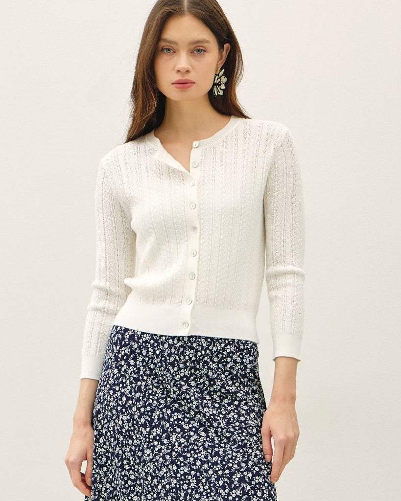 Women's White Pointelle Cardigan