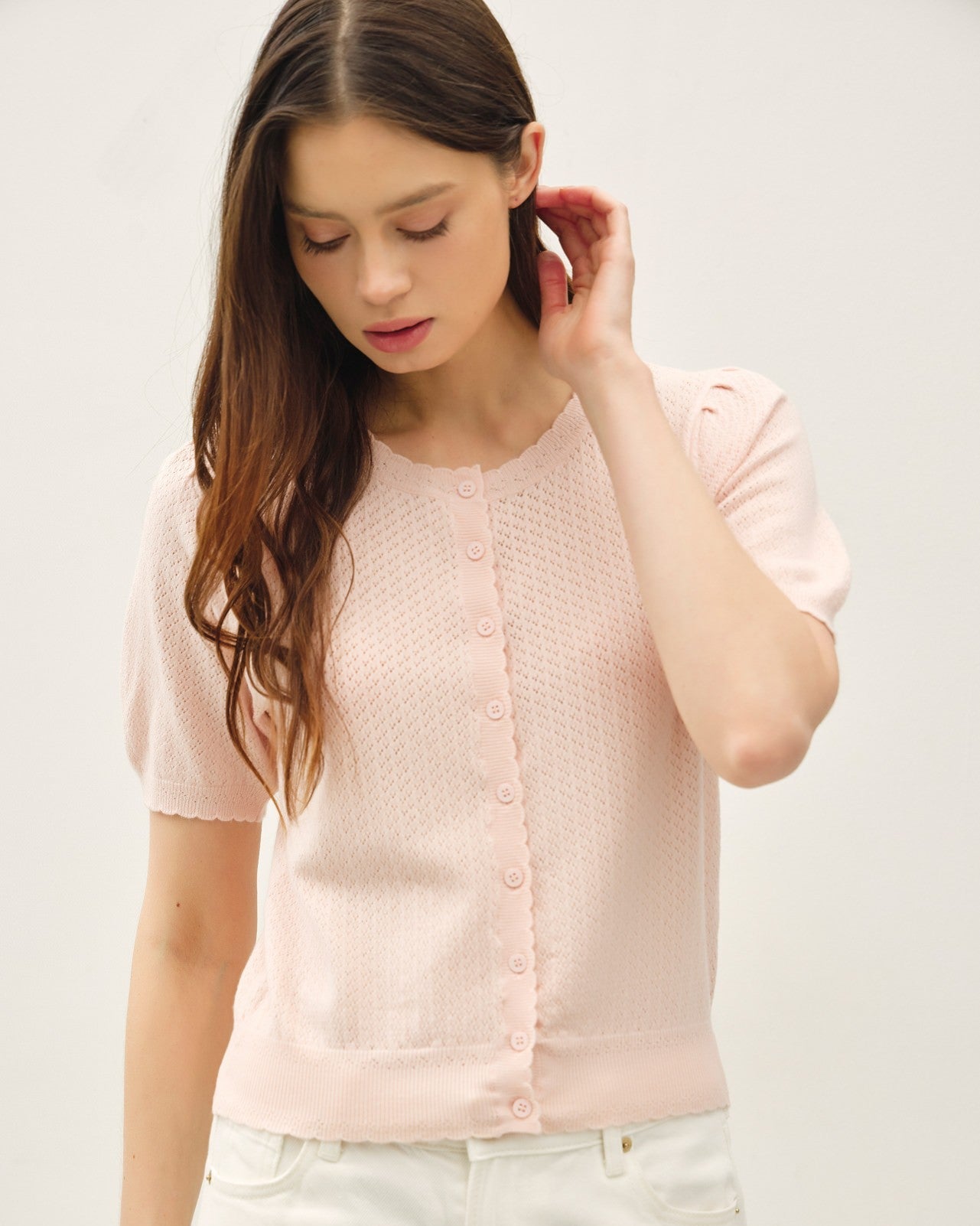 Women's PInk Pointelle Short Sleeve Cardigan