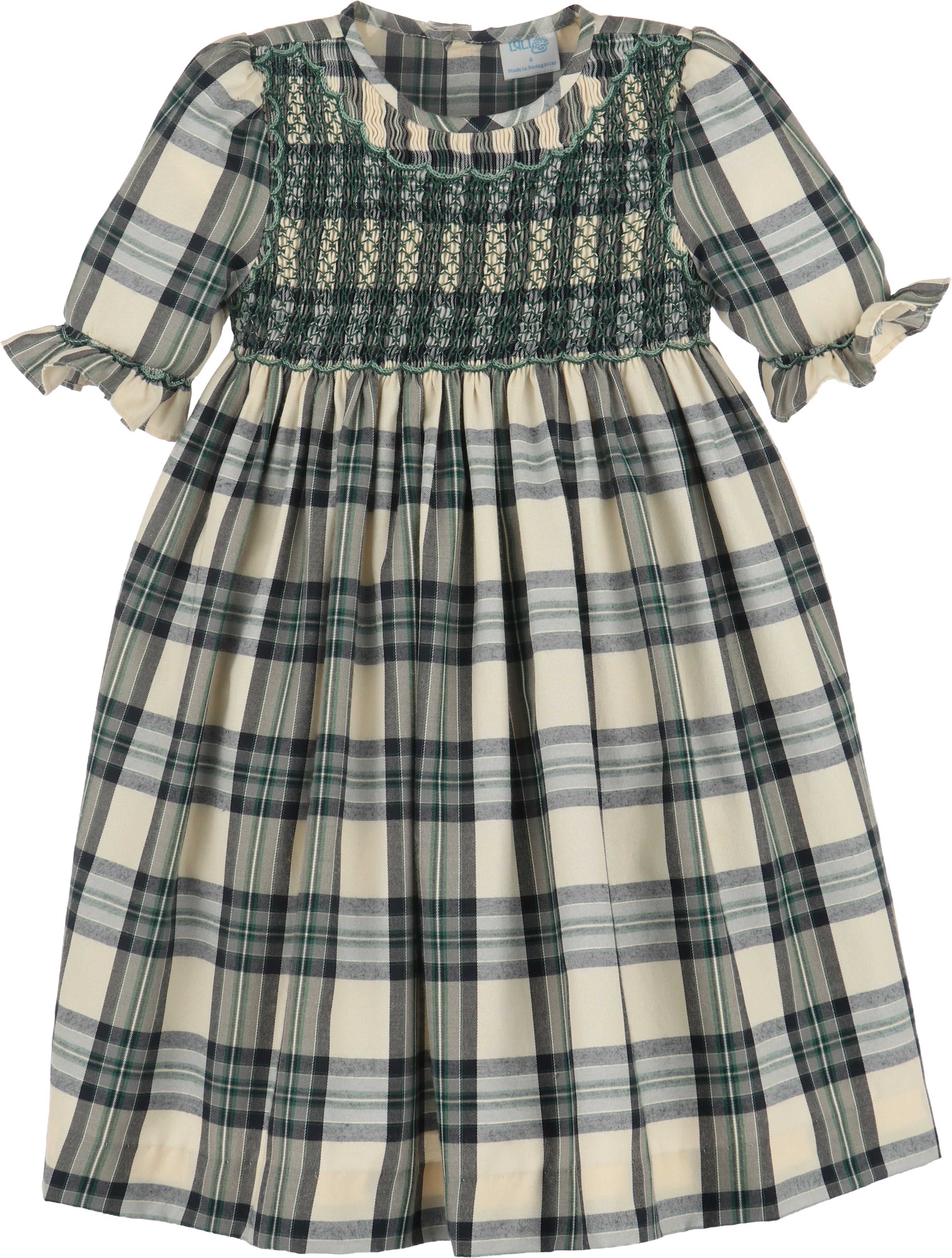 Navy Green Plaid Smocked Dress