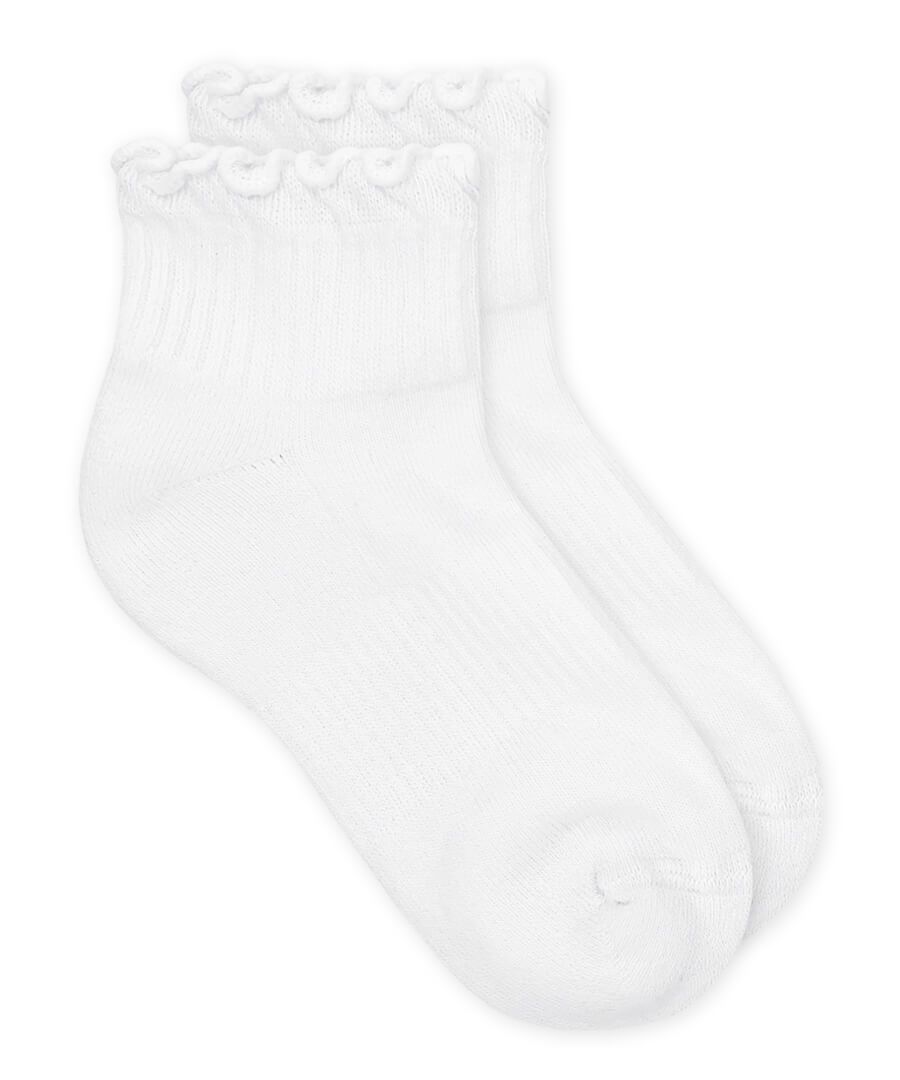 Girl's White Anklet Socks with Lettuce Edge