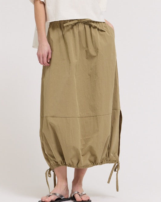 Khaki Poplin Drawstring Hem Nylon Skirt