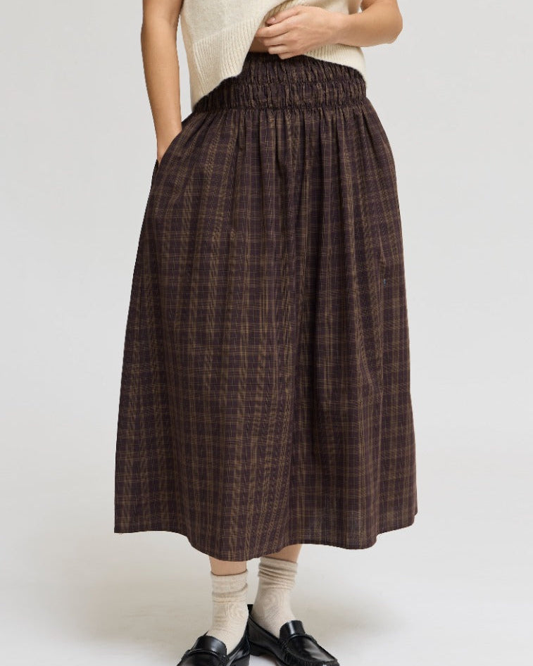 Brown Plaid Smocked Waist Skirt