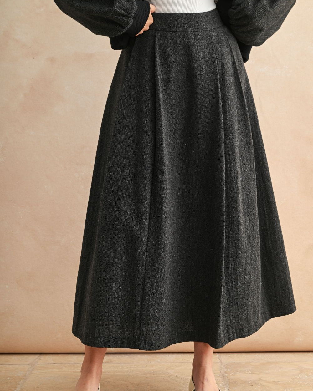 Charcoal Herringbone Full Pleat Skirt