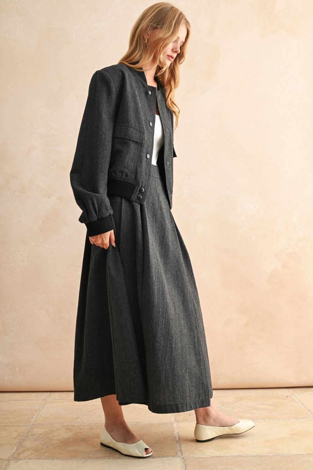 Charcoal Herringbone Full Pleat Skirt