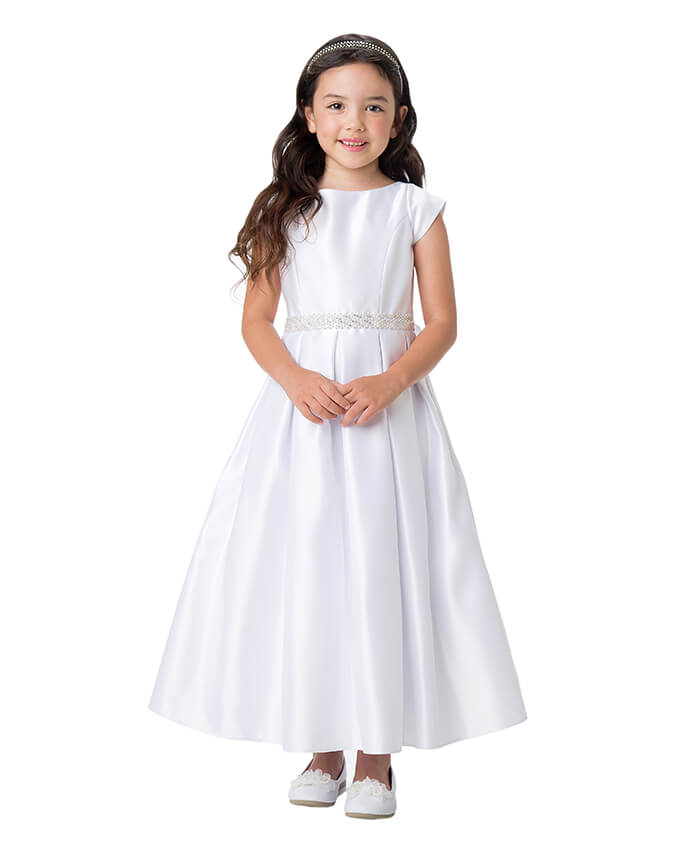Girl's White Satin Dress Beaded Waist