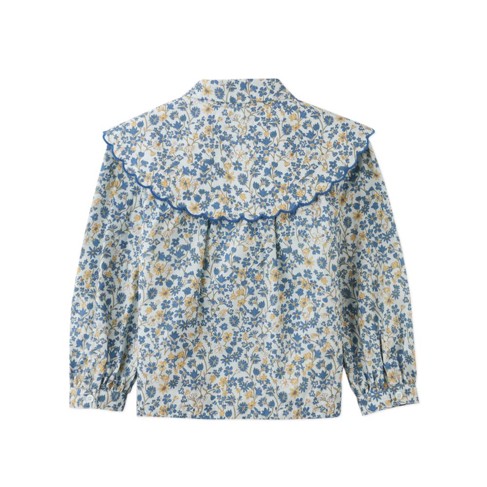 Girl's Blue Floral Wide Collar Blouse