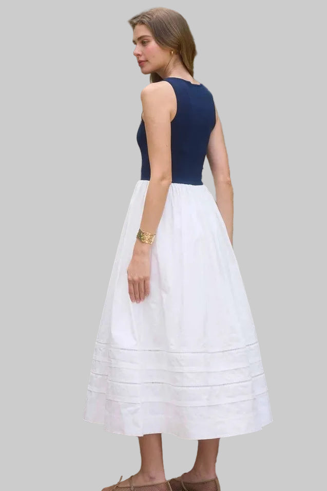 Women's Navy Mix Media Midi Dress