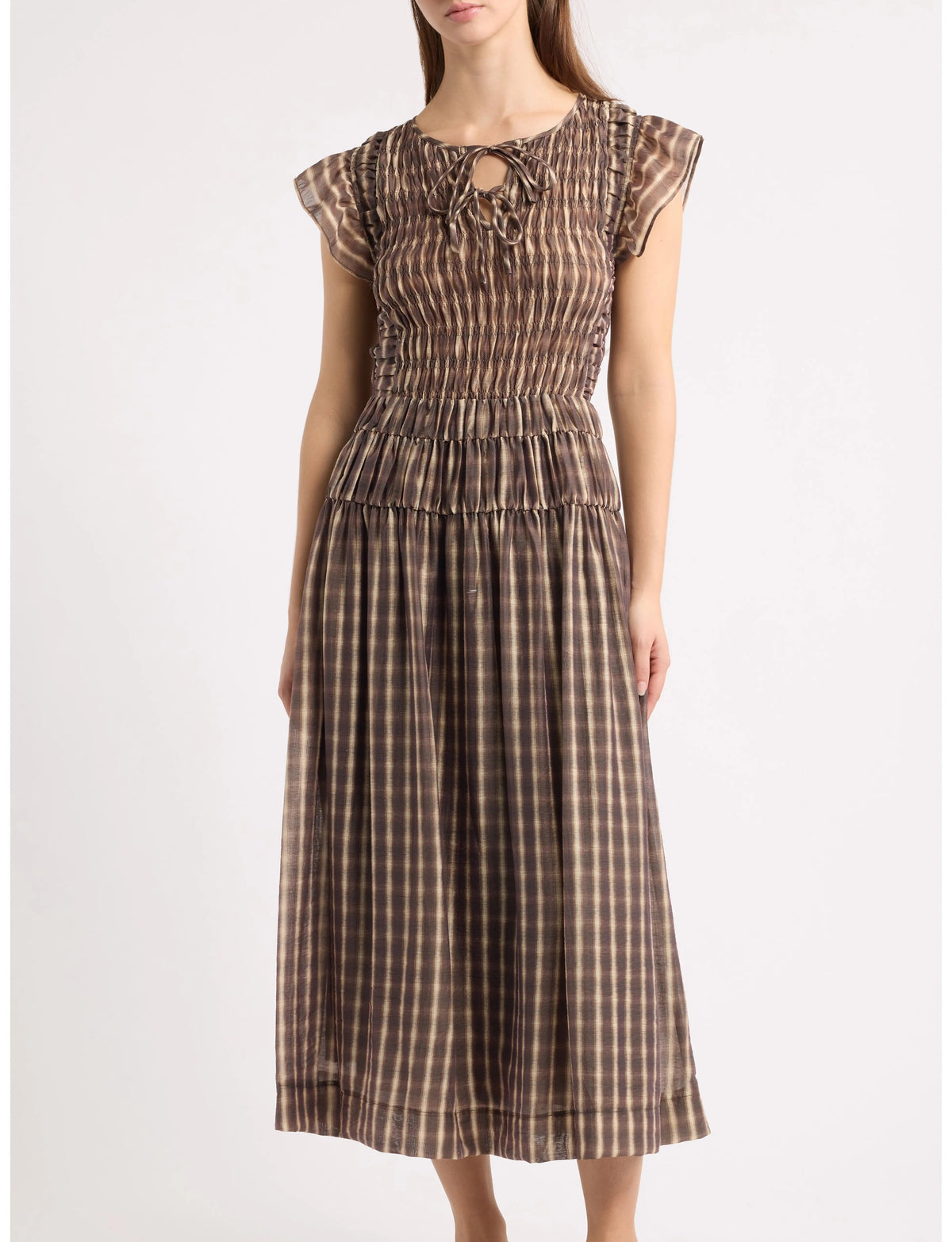 Brown Plaid Smocked Flutter Sleeve Dress