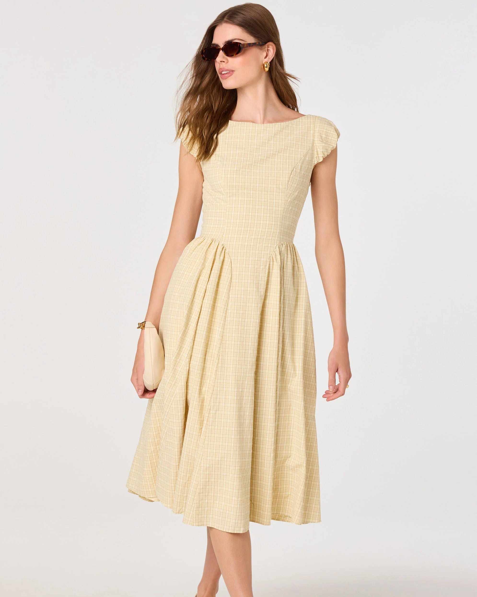 Women's Butter Yellow Plaid Midi Dress