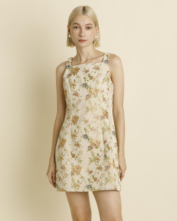 Rosalynn Beige Brocade Mini Dress