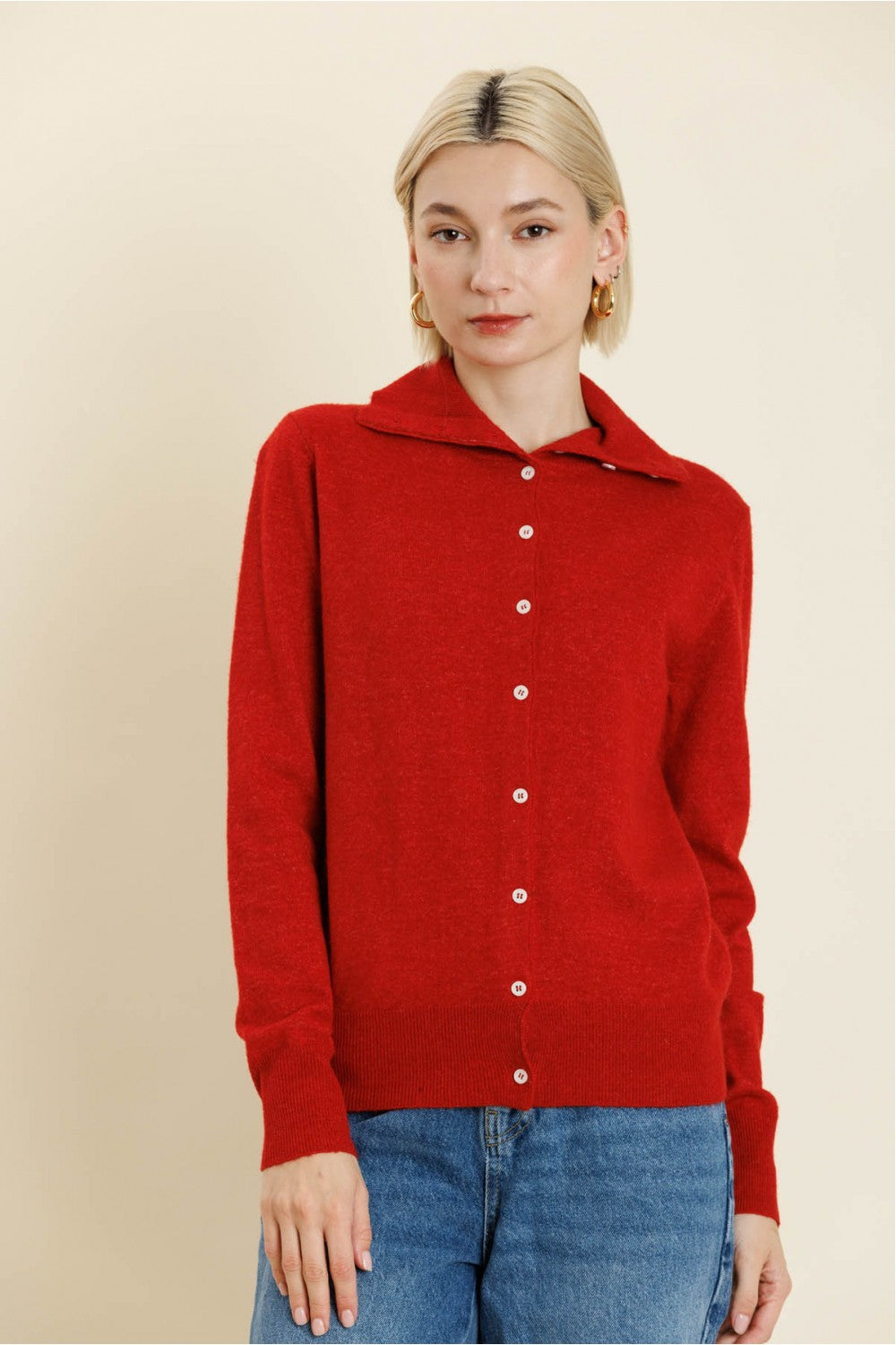 Red High Neck Cardigan Sweater