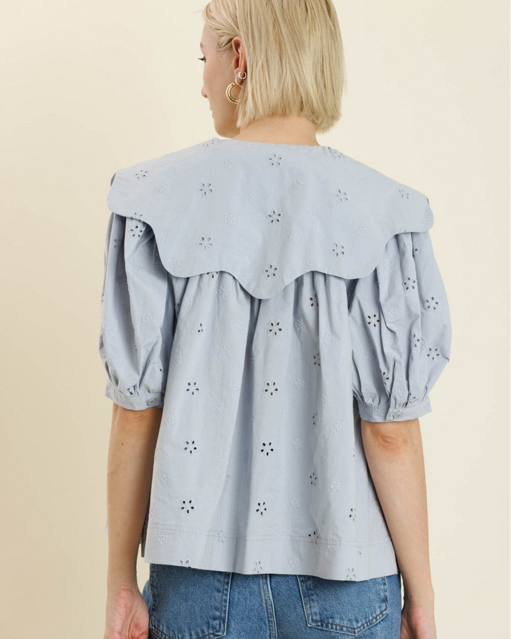 Light Blue Eyelet Scallop Collar Swing Blouse