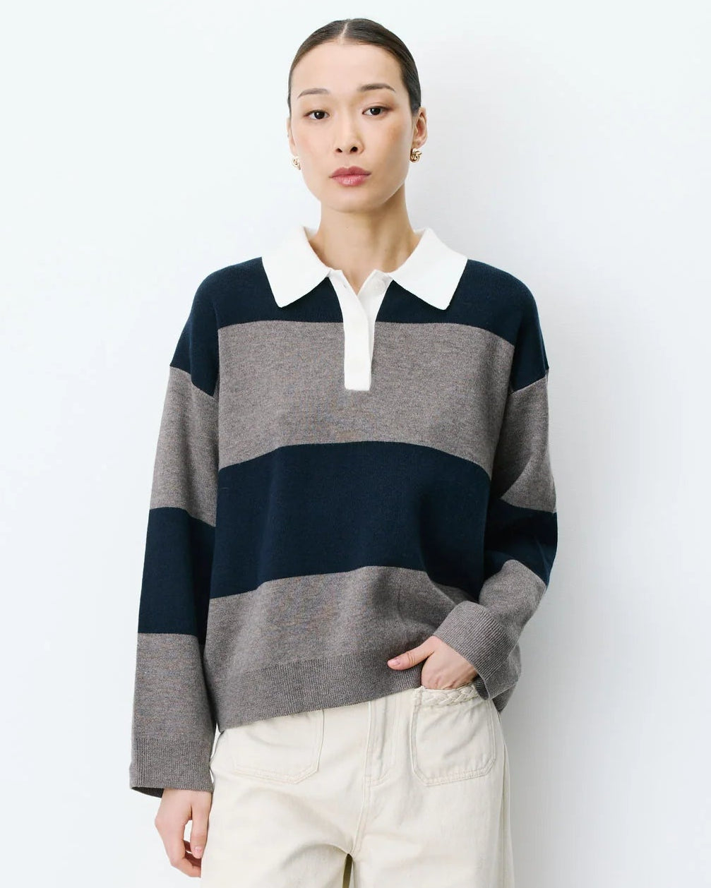 Astre Navy Taupe Boxy Polo Sweater