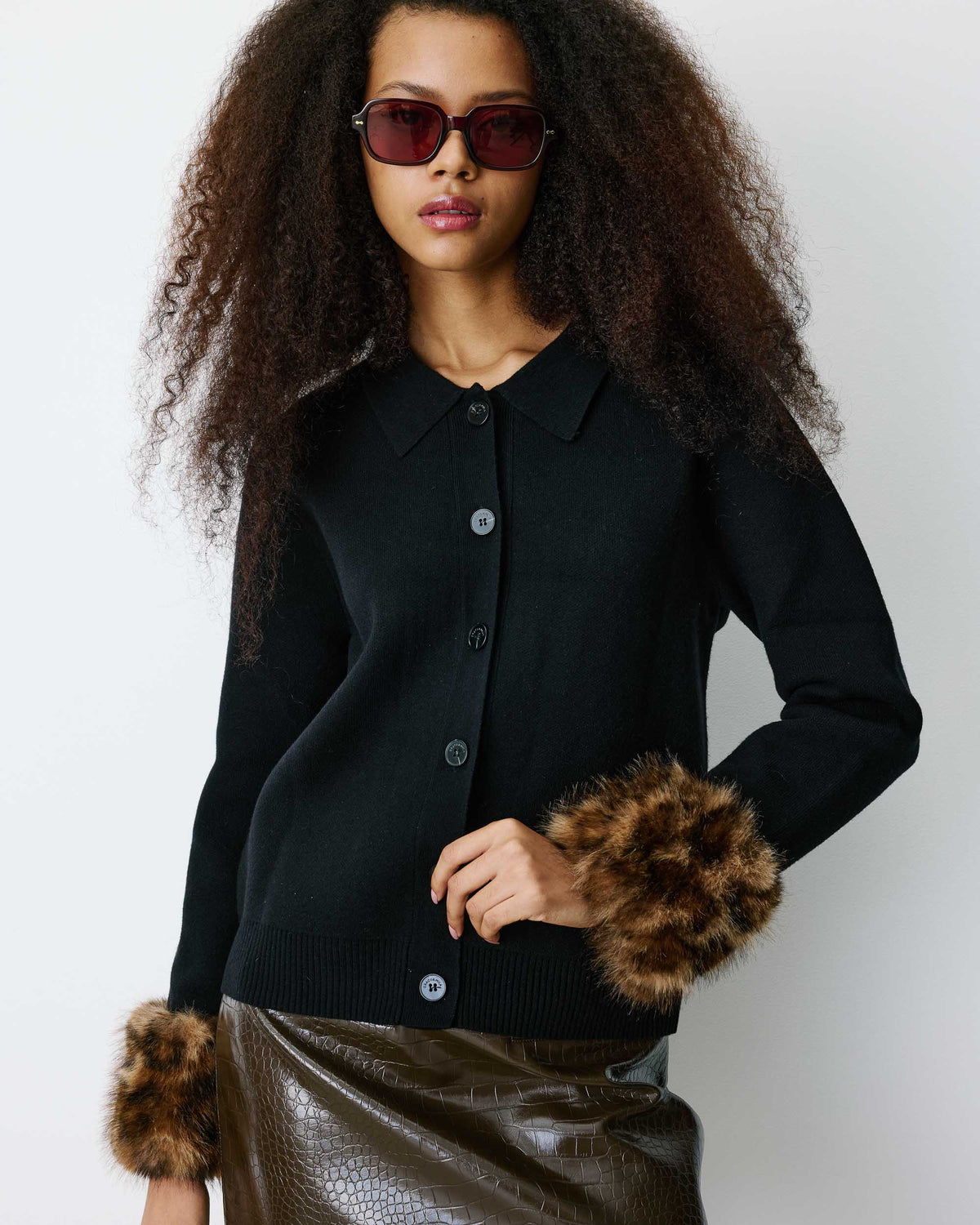 Black Leopard Fur Cuff Cardigan