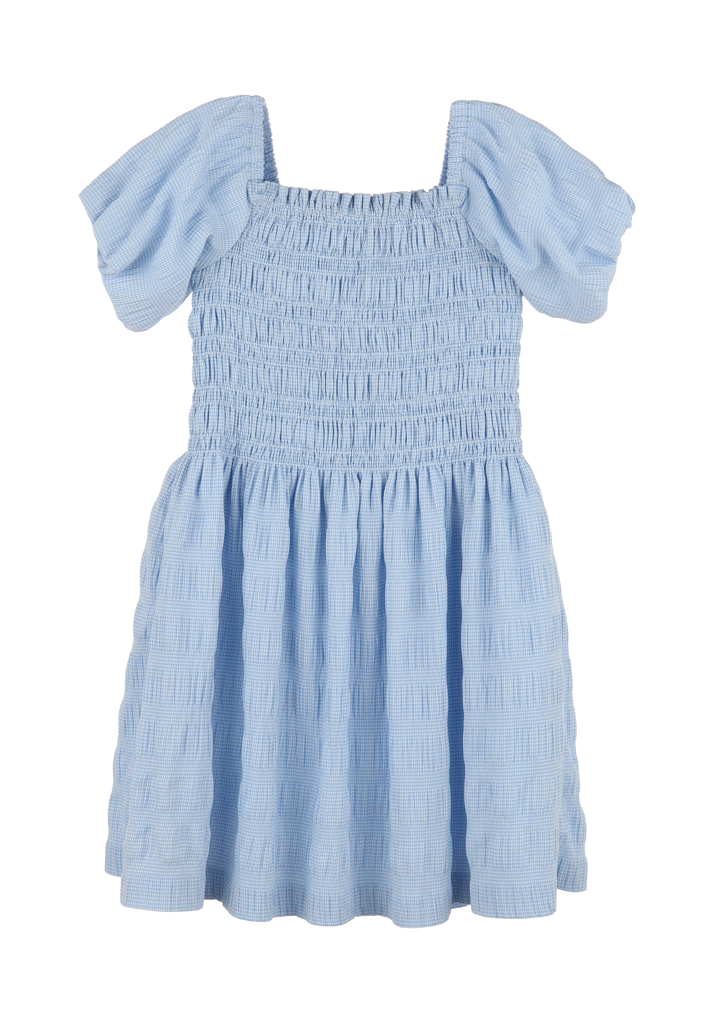 Girl's Blue Check Seersucker Peasant Dress