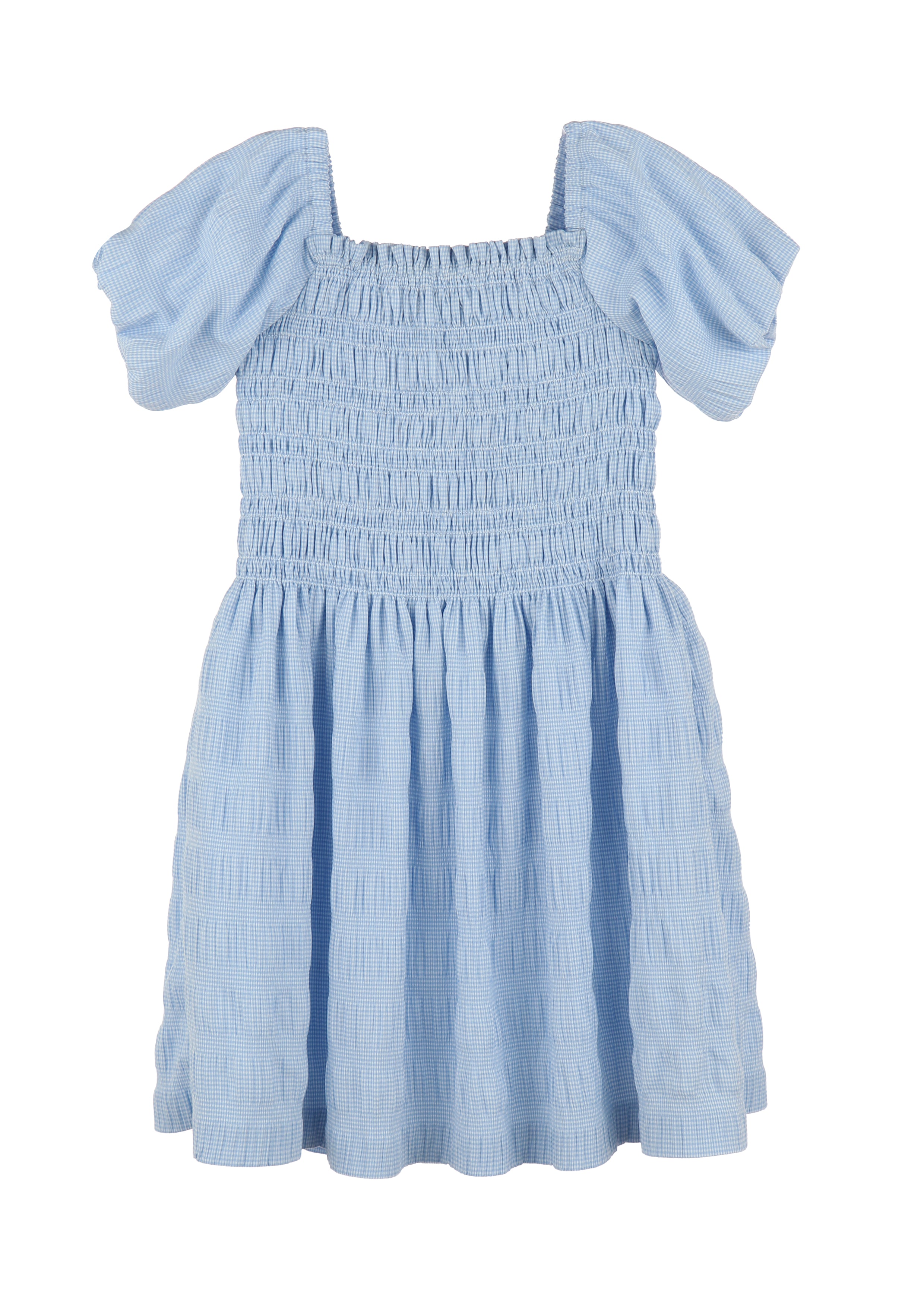 Girl's Blue Check Seersucker Peasant Dress