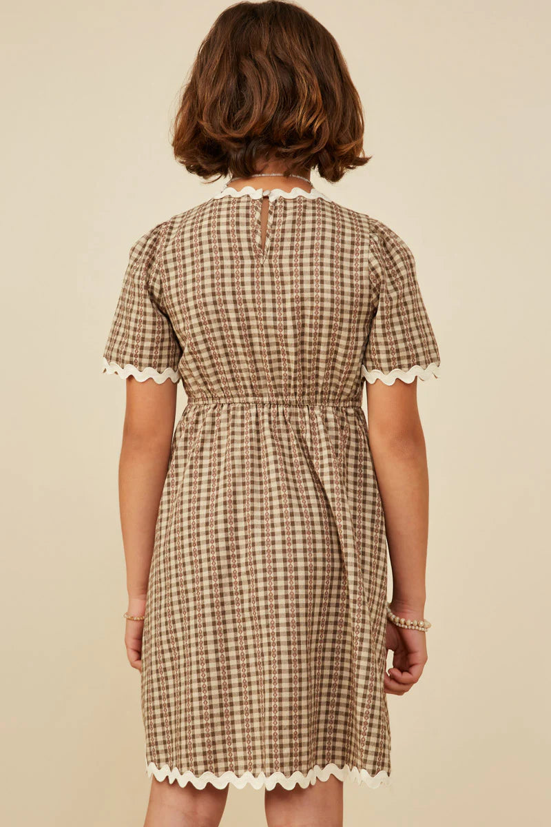 Girl's Brown Plaid Dress with White Ricrac