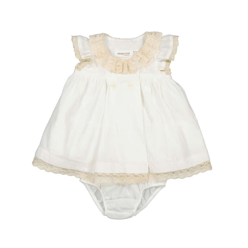 White Crinkle Dress with Beige Lace