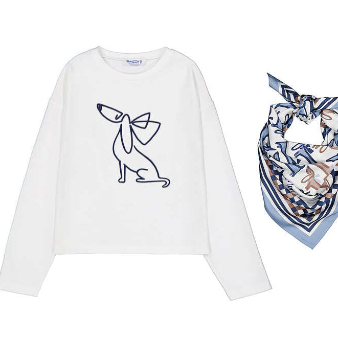 White Doggie Sketch Tee & Scarf