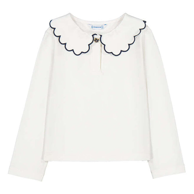 White Blouse Black Trim Scallop Collar