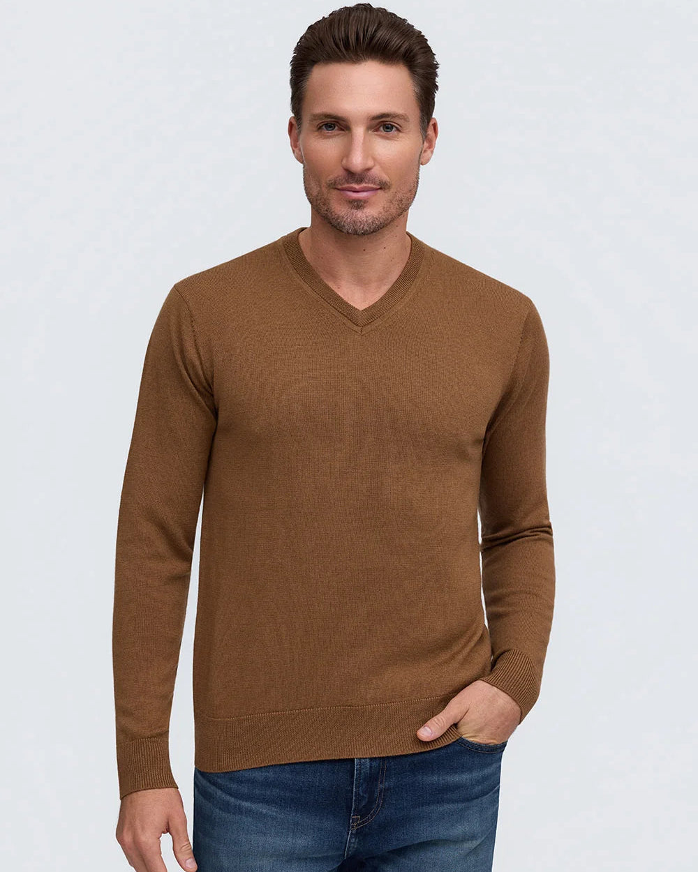Men's Cognac V neck Merino Sweater