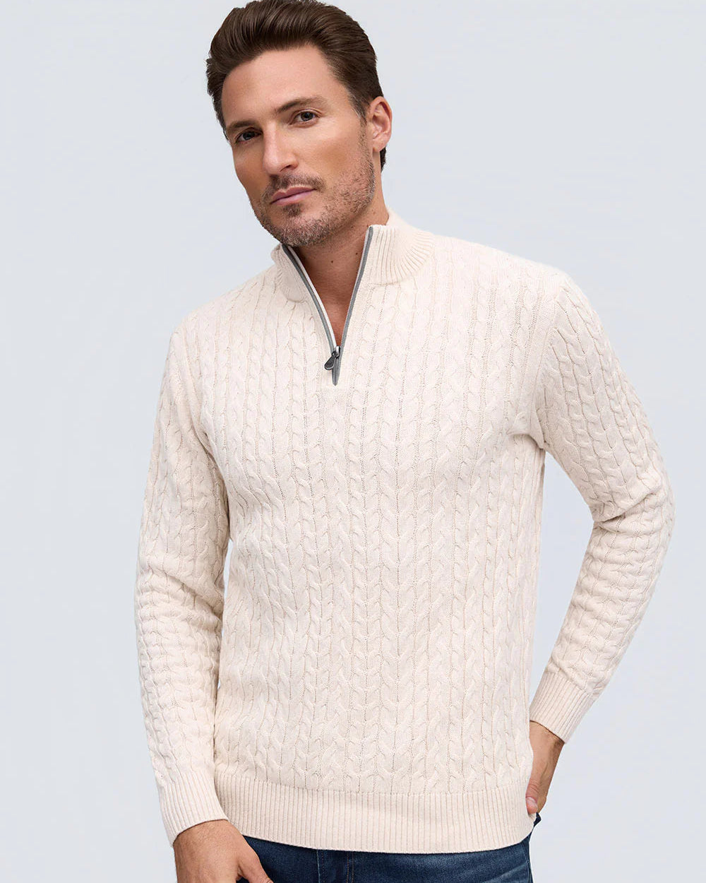 Men's Oat Cotton Cable Half Zip