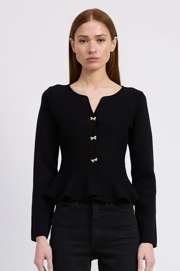Black Peplum Cardigan Bow Buttons