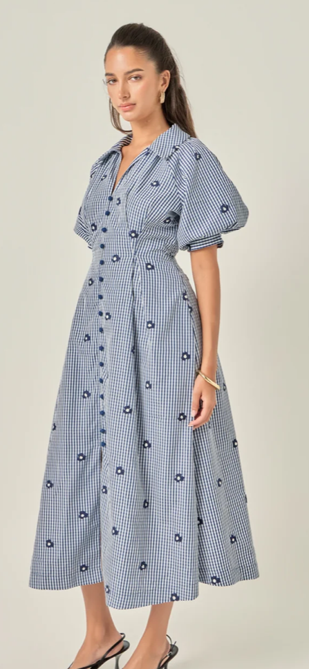 Navy Embroidered Gingham Shirt Midi Dress