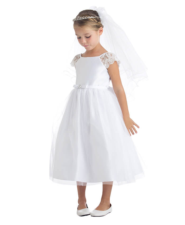 Off White Satin & Tulle Dress with Lace Cap Sleeve