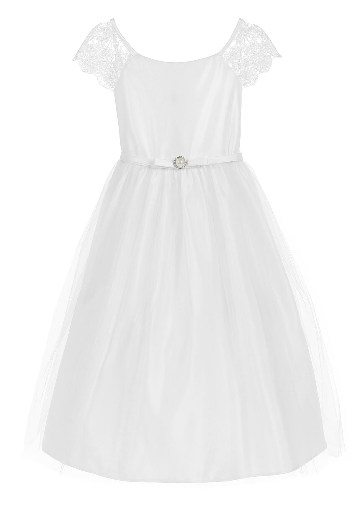 Off White Satin & Tulle Dress with Lace Cap Sleeve