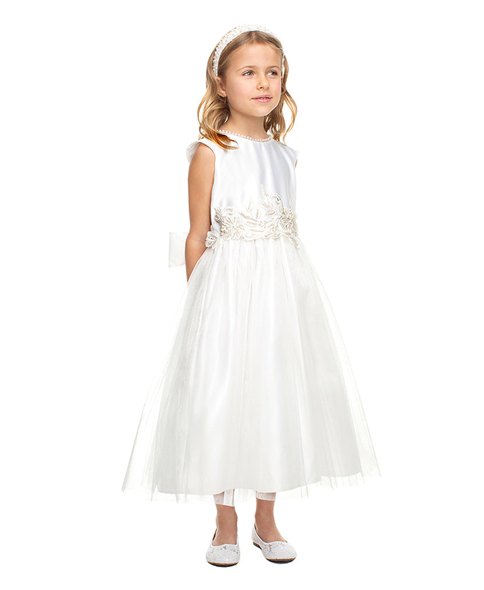 White Satin & Tulle Dress Pearl Embroidered Waist
