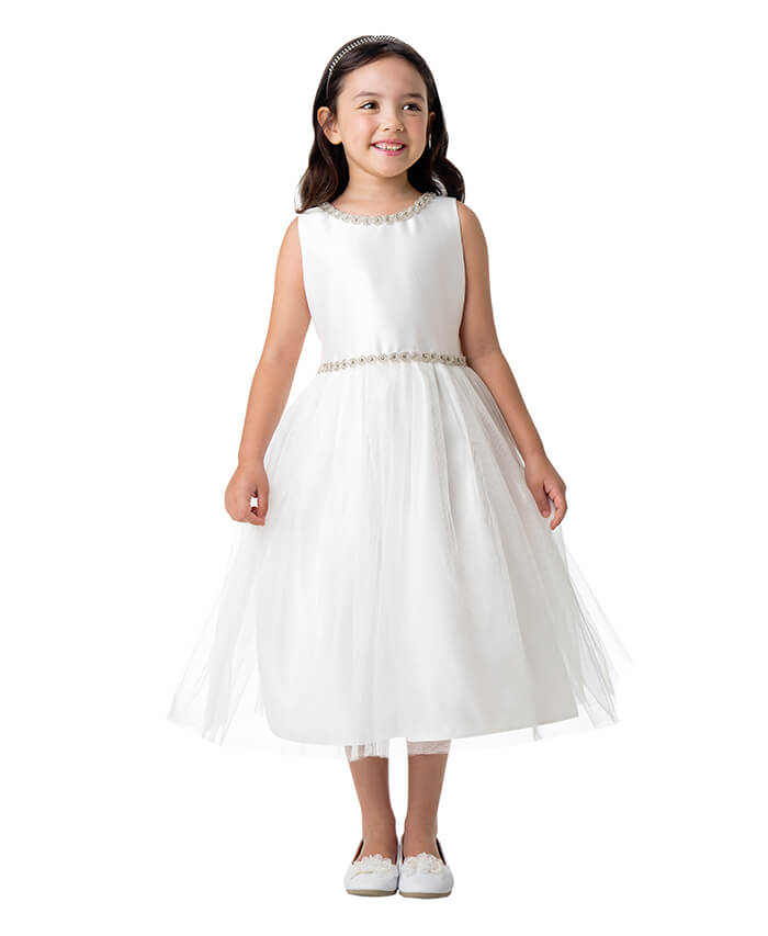 White Jeweled Neck & Waist Satin and Tulle Dress