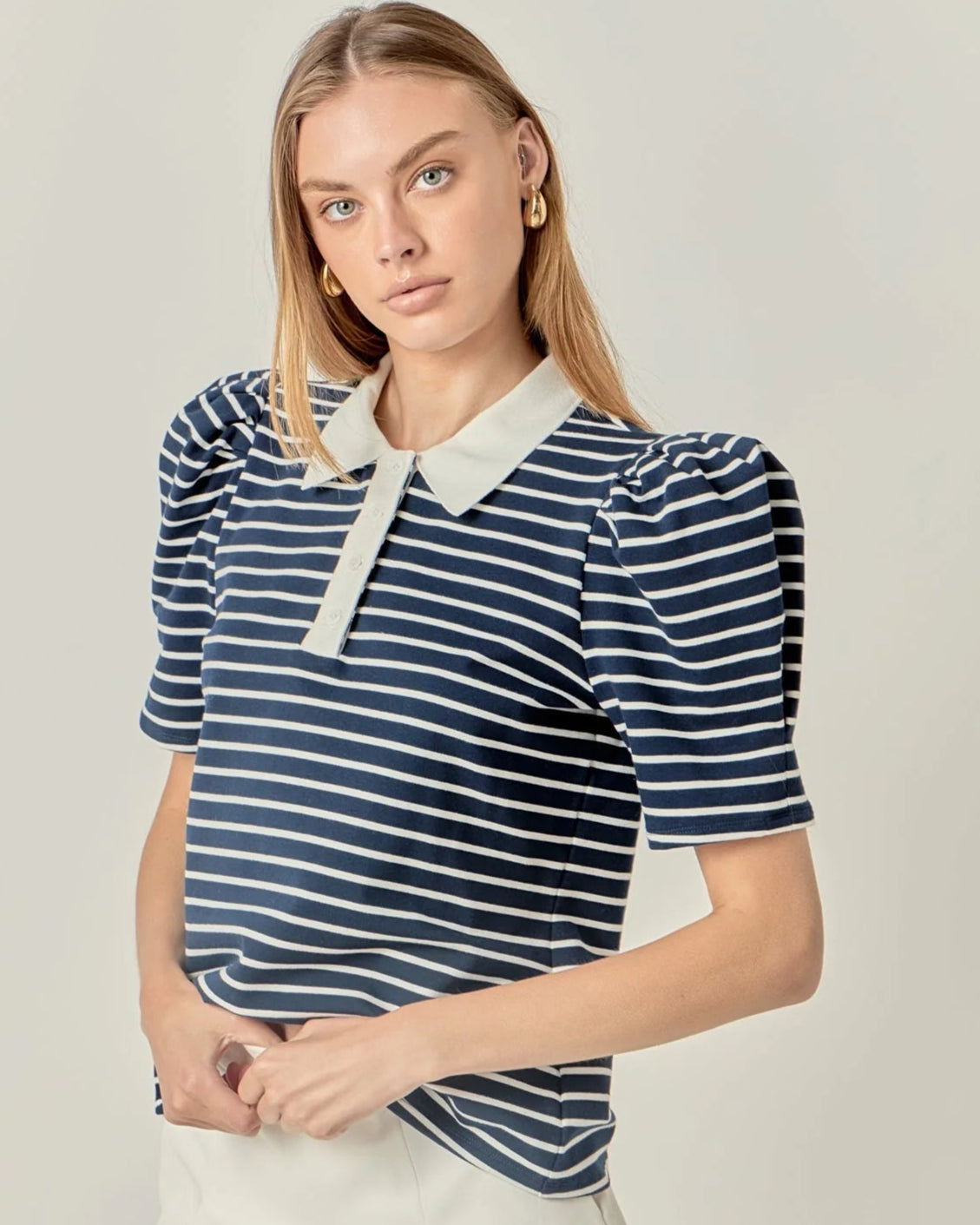 Navy Stripe Polo Puff Sleeve