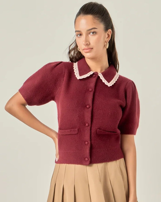 Burgundy Lace Collar Cardigan