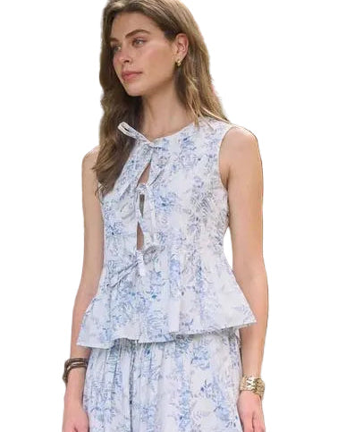 Blythe Blue Floral Tie Front Peplum Vest