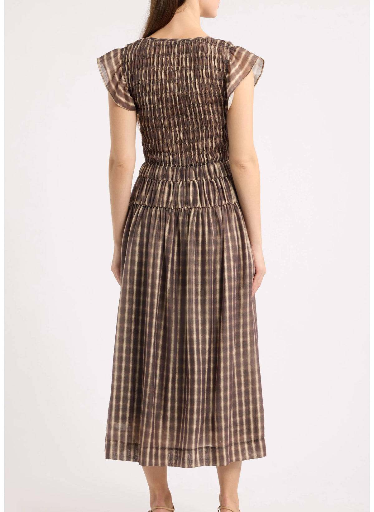 Brown Plaid Smocked Flutter Sleeve Dress
