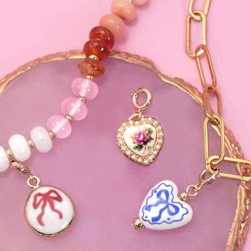 Charm-Porcelain Bow Cherry with Spring Ring Clasp