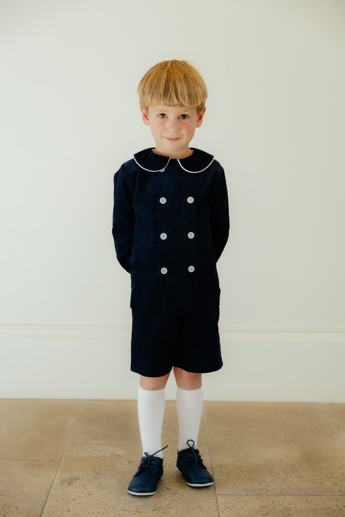 Navy Fine Corduroy Double Button Shortset