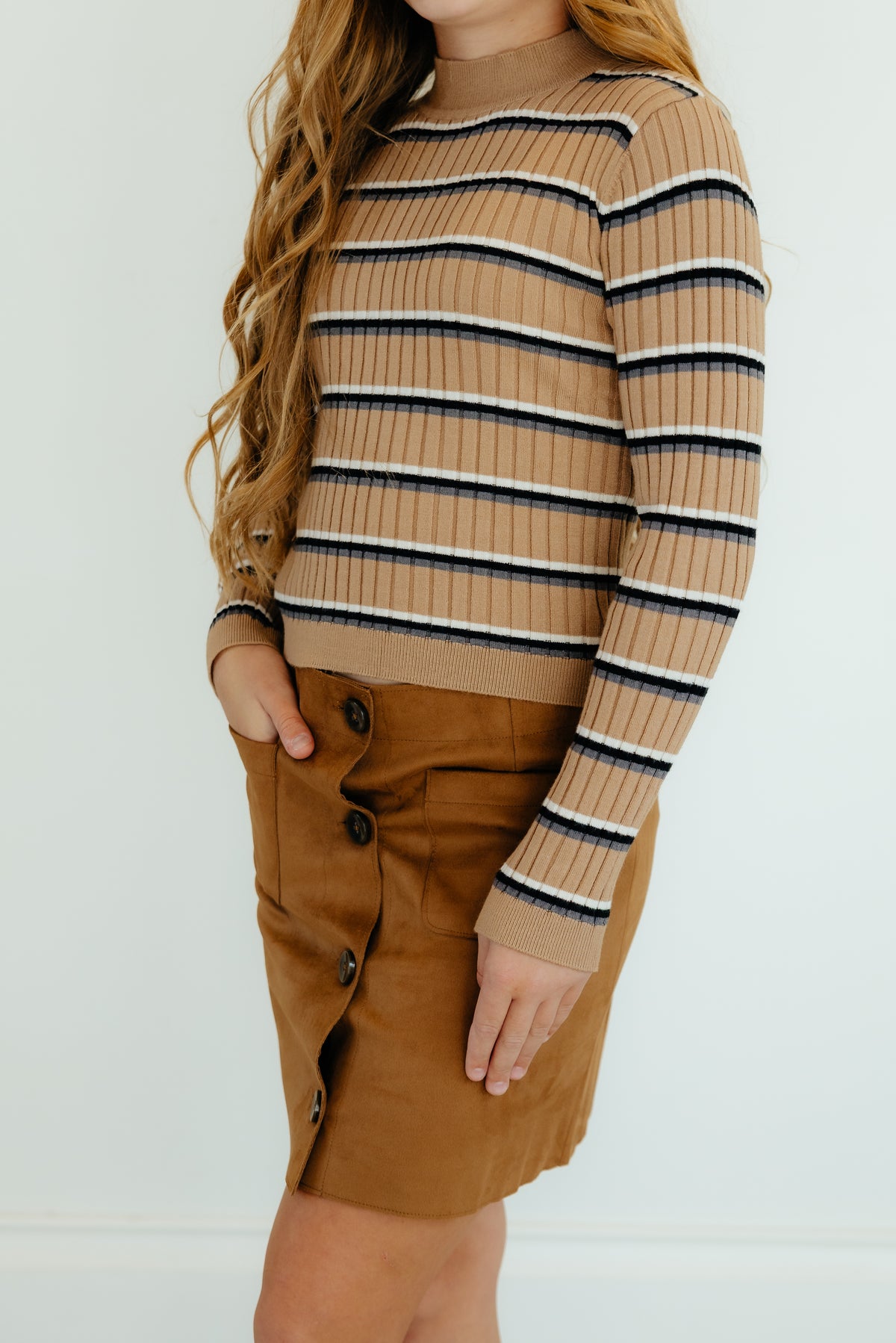 Camel Stripe Ribbed Mock Turtle Sweater