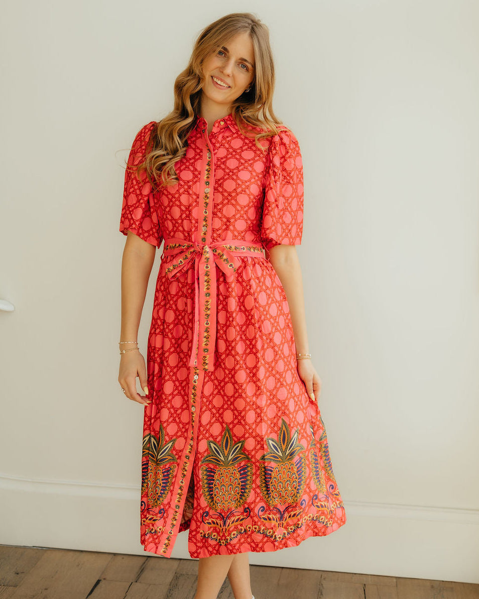 Coral Rattan Print Dress with Pineapple Border