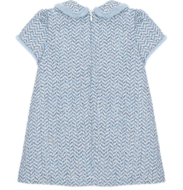 Blue Herringbone Dress Fur Trim
