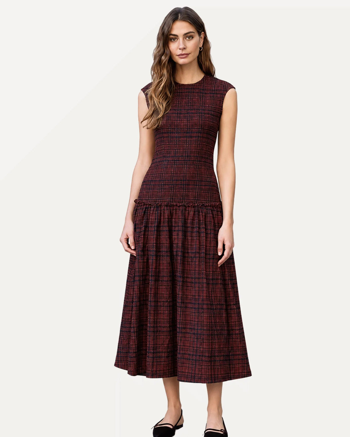 Brown Plaid Smocked Drop Waist Dress
