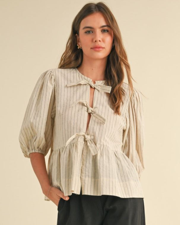 Beige and Black Pinsripe Three Bow Blouse