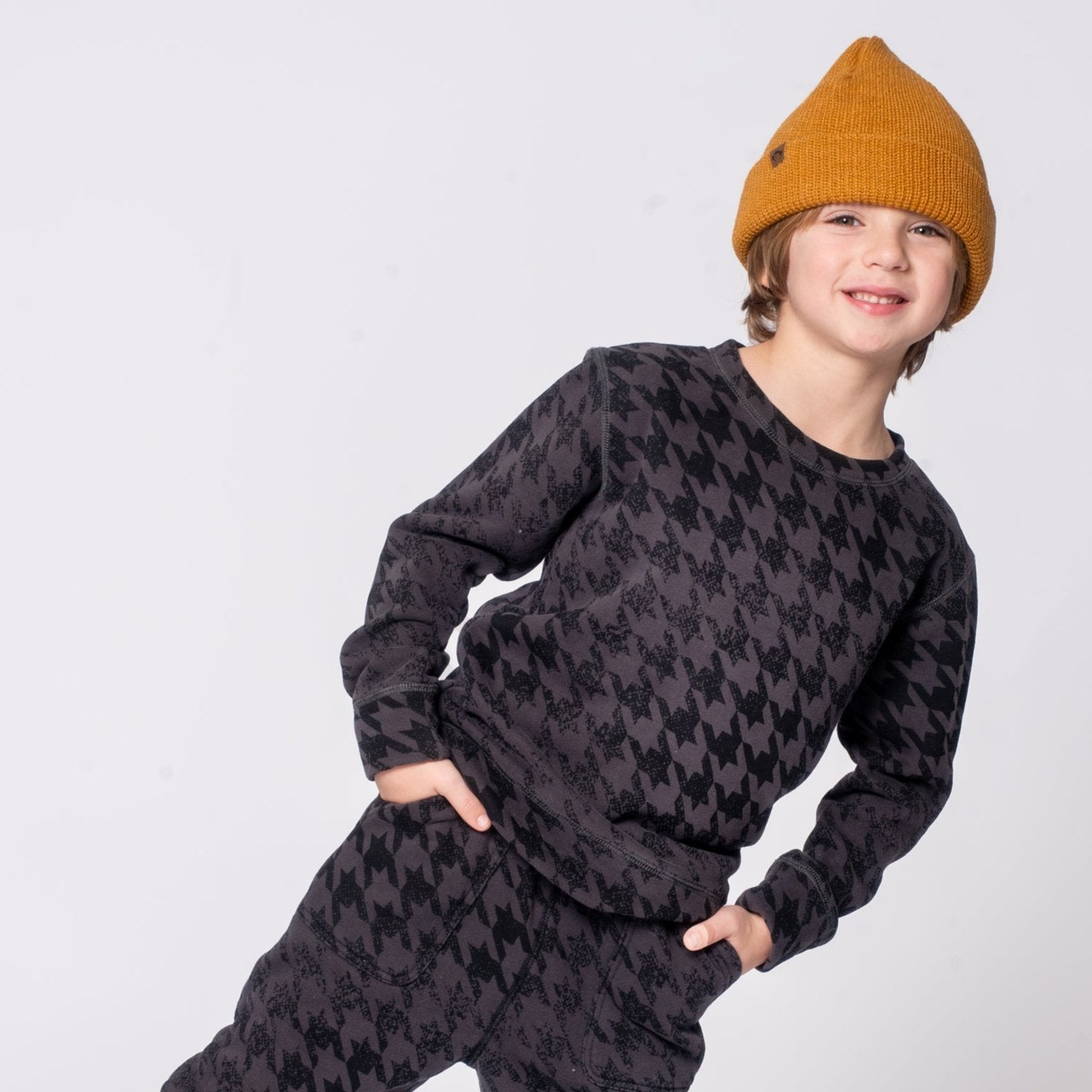 Boy's Black Houndstooth Fleece Sweatpants