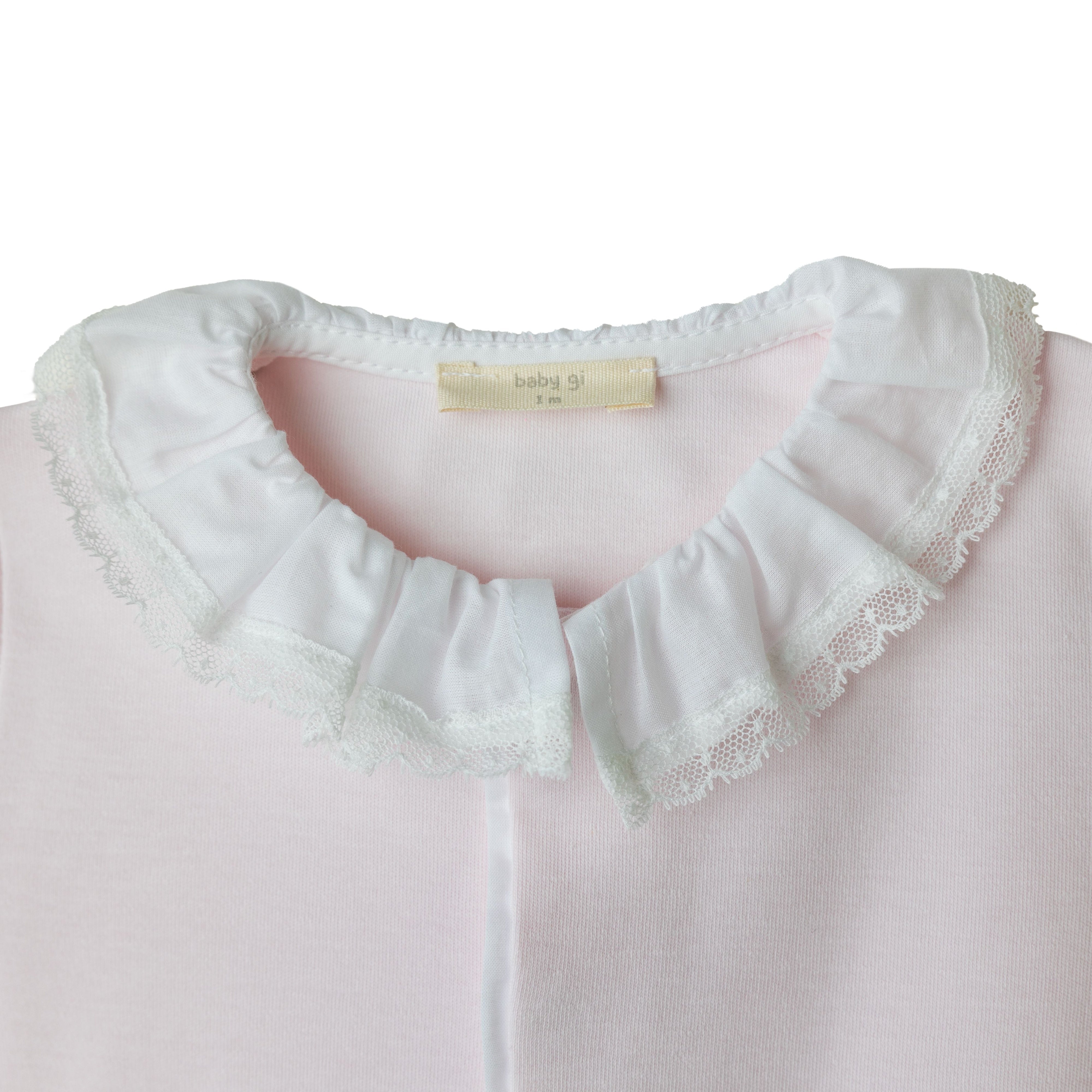 Pink Footie White lace ruffle Collar