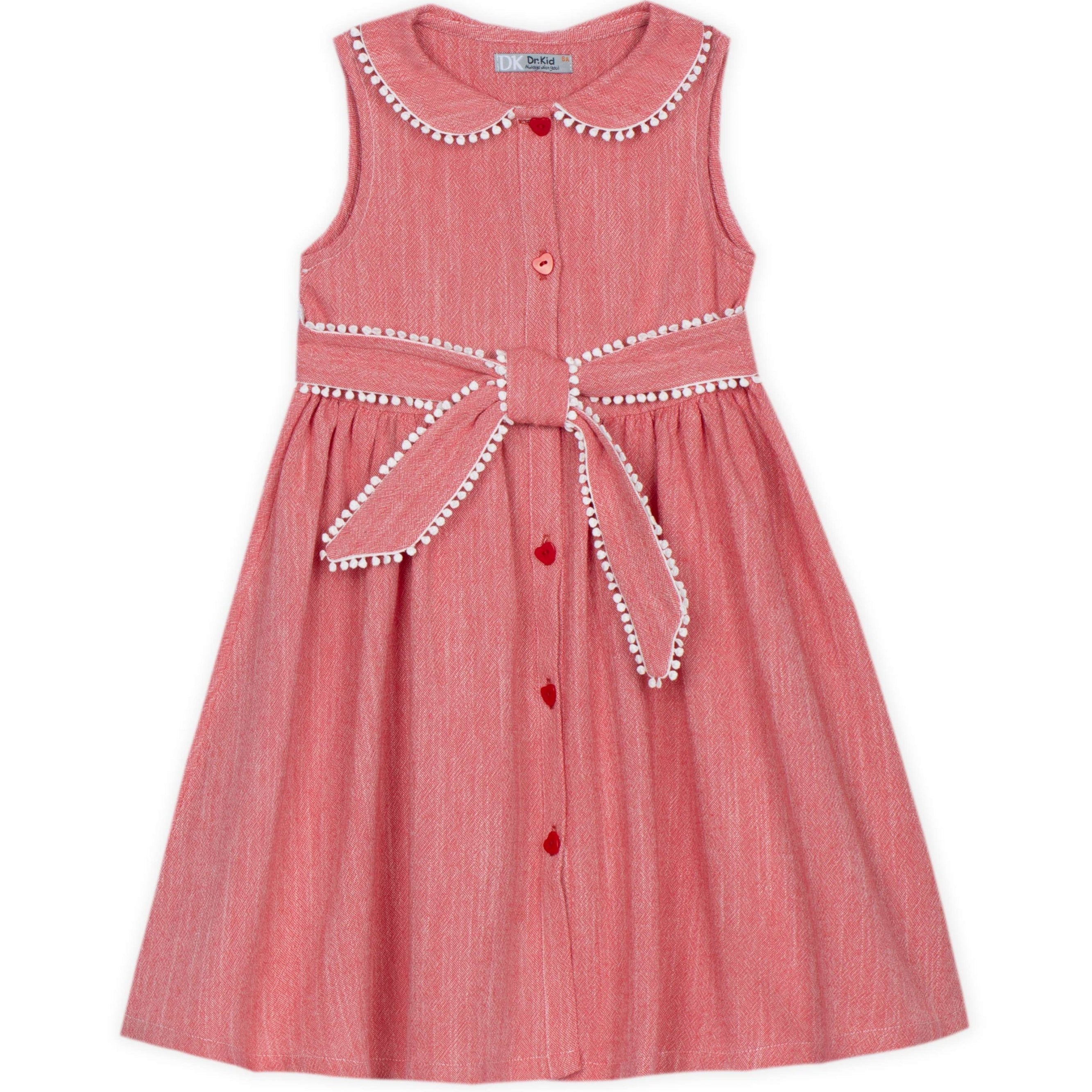 Red Chambray Dress With Pom Lace Trim