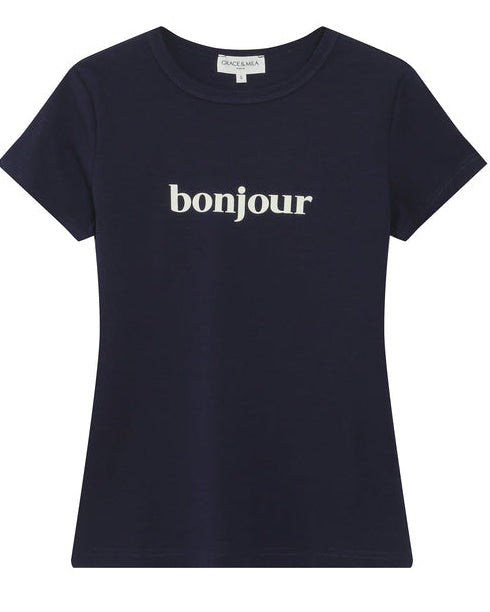 Navy "Bonjour" Slim Tee